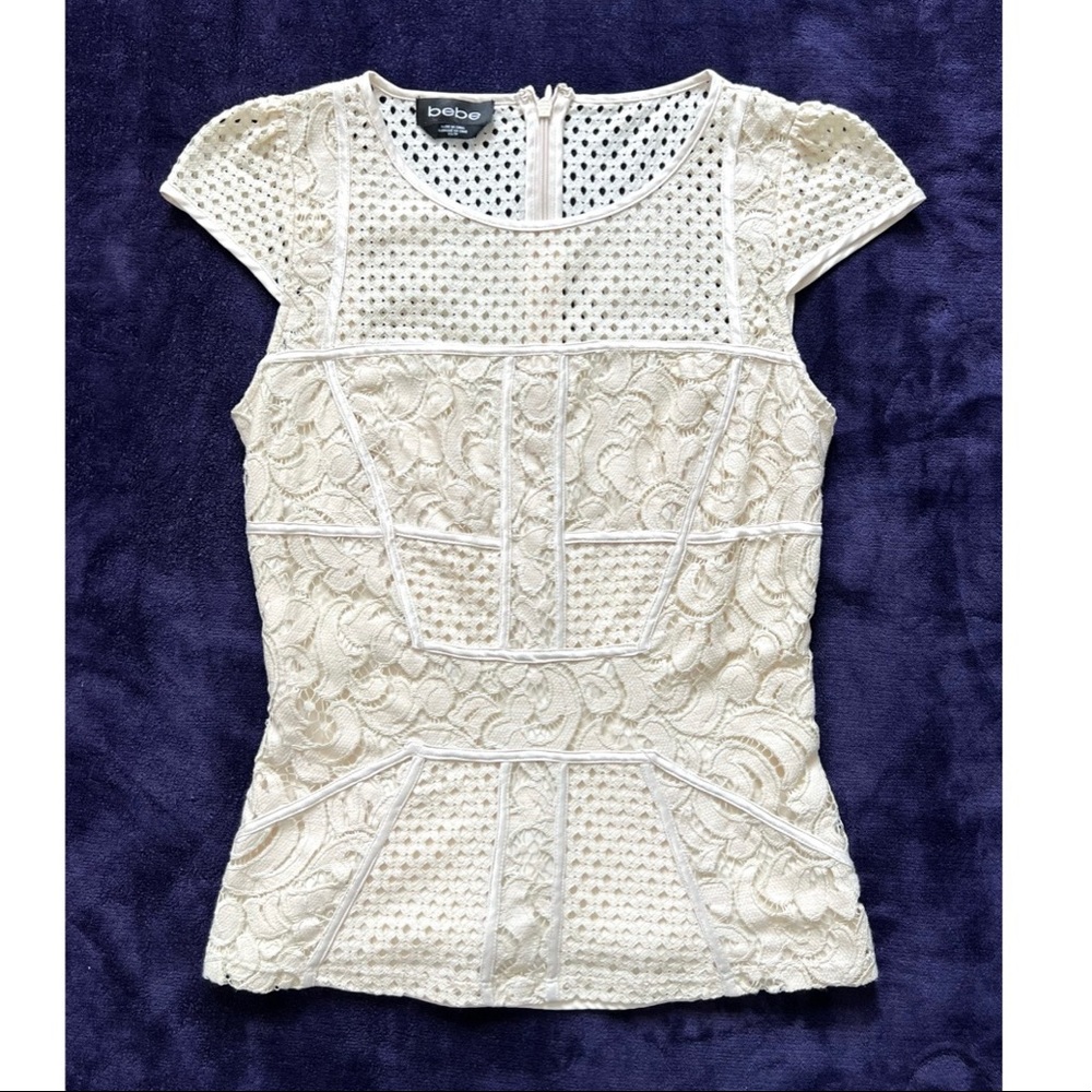 Bebe Beige Cap Sleeves Semi Sheer Crochet Top XS